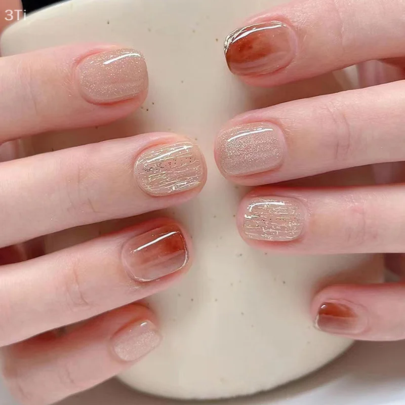 24 шт. короткие круглые накладные ногти с французским розовым блеском, накладные ногти с клеем, полное покрытие, съемные, глянцевые, носимые, пресс на кончиках ногтей