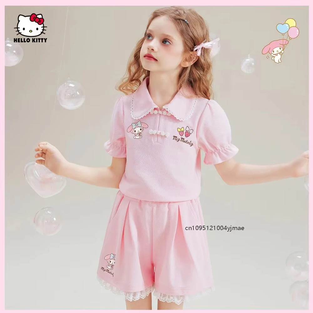 

2Pcs Sanrios My Melody Girl's Polo Short Sleeve Set Cartoon Kawaii Anime Summer New Lapel Collar Sweet Style New Chinese Gifts