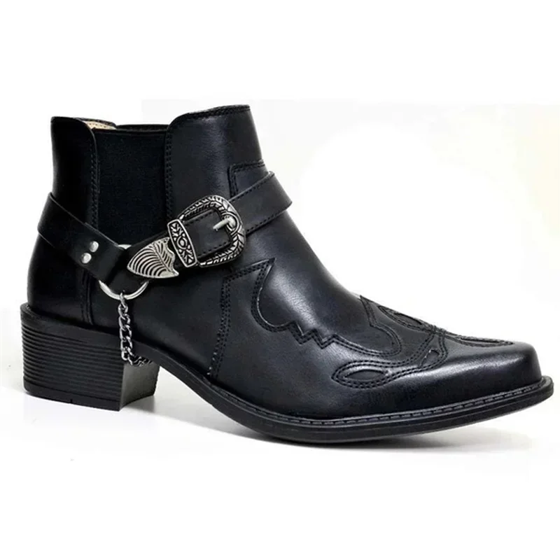 New arrivals Retro Men's Vintage Cowboy Boots Leather High Top Chain Buckle Strap Punk Shoes Pointed Toe Biker Boots