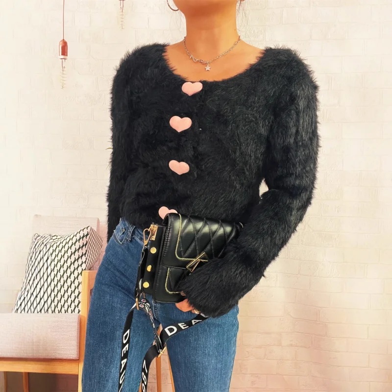 

2025 Autumn and Winter Commuting Cute Love Button Solid Color Knitted Cardigan Sweater