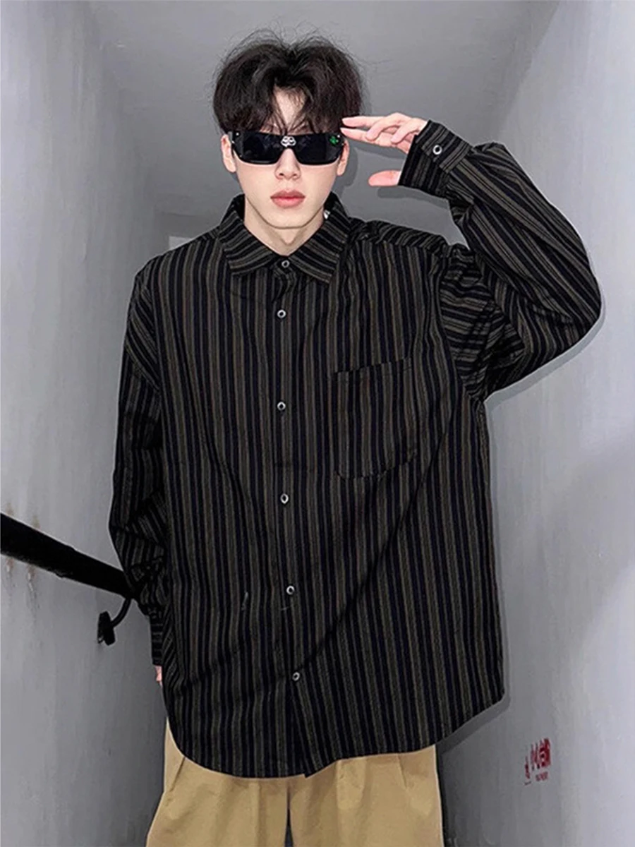 

American Retro Striped Men's Long Sve irt Faionable Outerwear Cleanfit Jaet Loose Fit Youthful Trendy Button up
