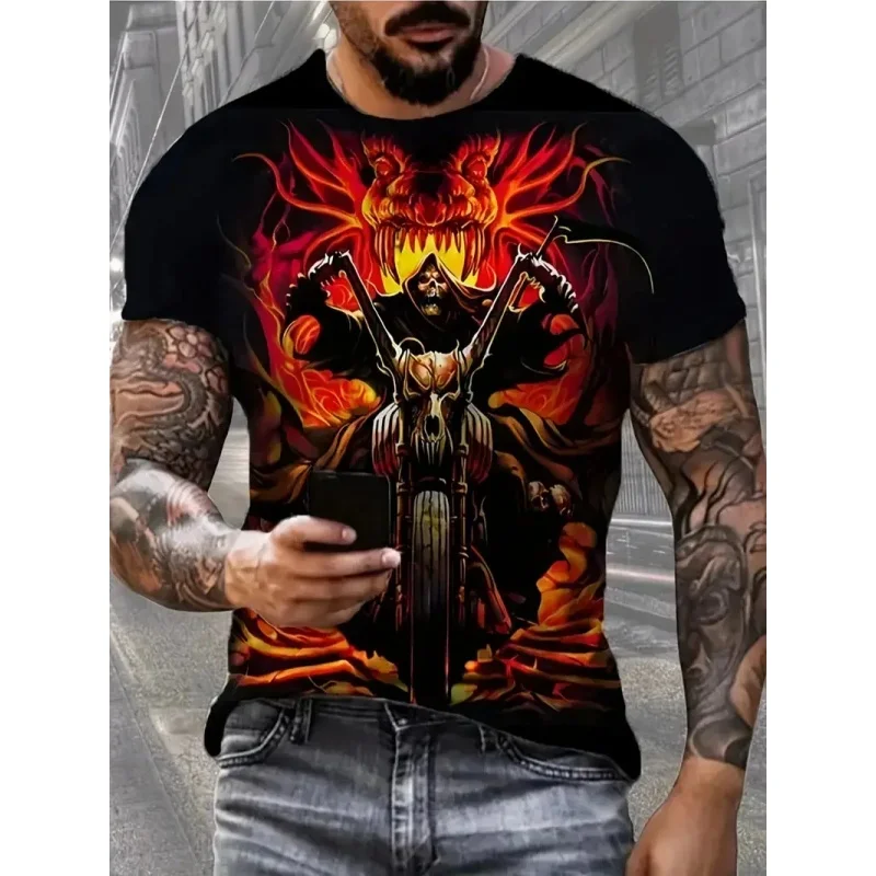 Camiseta con estampado de motocicleta para hombre, camisetas con estampado 3D de calavera de Panda, camisetas holgadas de manga corta con cuello redondo para calle de verano