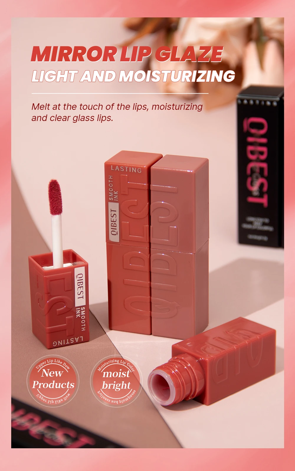 QIBEST Wässrige Glanz-Lippenglasur, feuchtigkeitsspendend, langlebig, sexy roter flüssiger Lippenstift, spiegelglänzender Lipgloss, Tönung, Kosmetik für Frauen – Detail 1