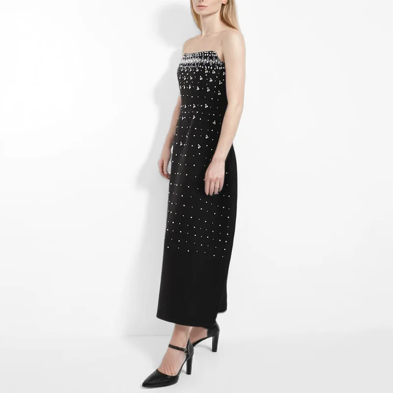 Luxury Beaded Strapless Midi Dress Women Elegant A-Line Formal Evening Gown Wedding Guest Party Dress
