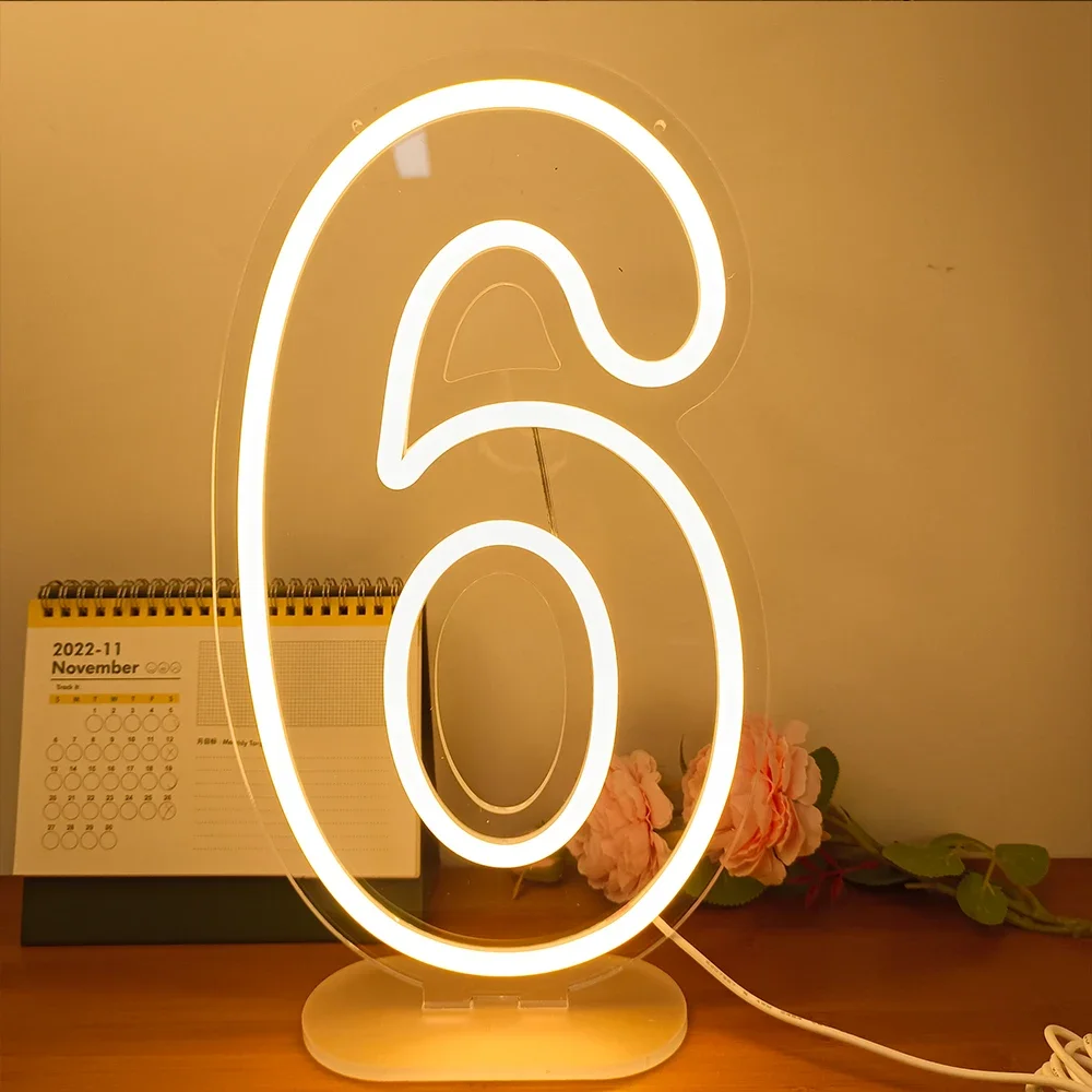 

LED Number Neon 0-9 Number Party Sign 38cm Birthday Number Lights USB Powered Dimmable With Base For Background Decoration