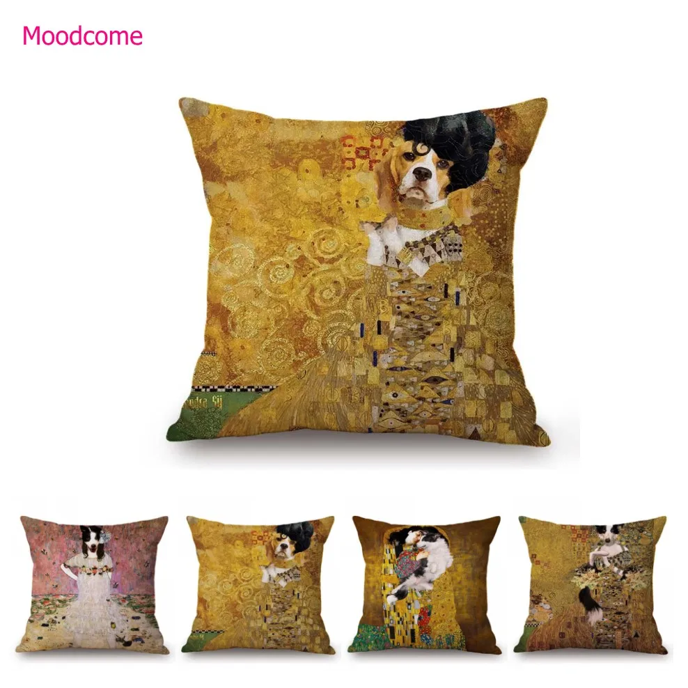 Nouveau Art Gustav Klimt Style Cute Dog Funny Lovely Gold Color Home Decoration Sofa Pillow Case Cotton Linen Cushion Cover