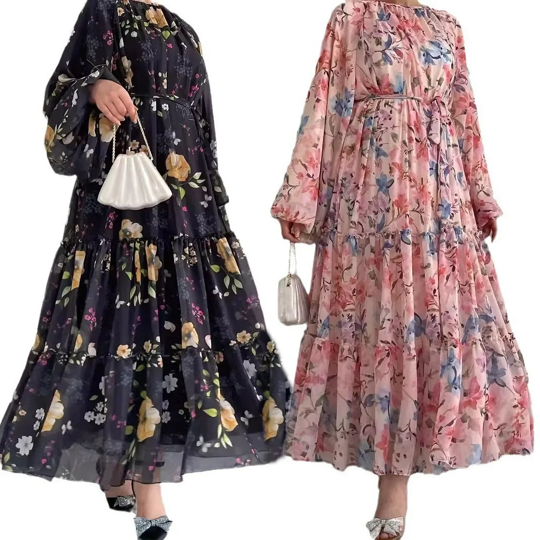 Moroccan Kaftan Abaya Women Long Robe Flower Print Dresses Sashes Eid Muslim Ramadan Dubai Saudi Jalabiya Abayas Islam Vestidos