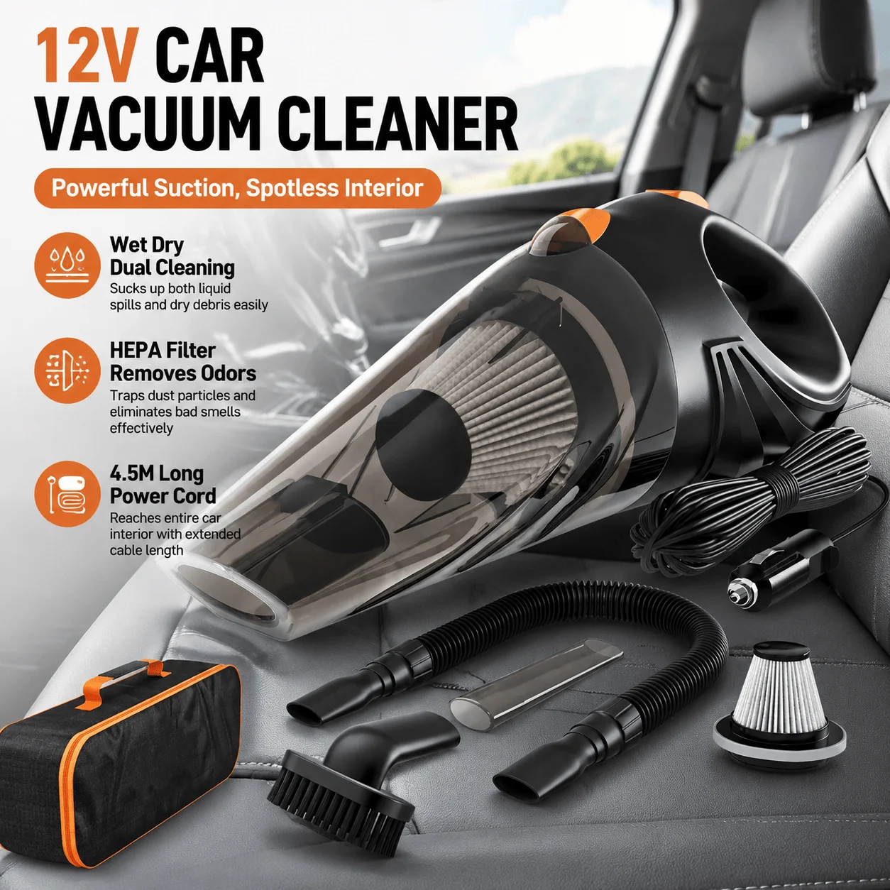 Car Vacuum Cleaner 12V Portable Wet Dry Handheld HEPA Filter High Power Dust Suction Kit With 4.5M Cord For Car Home Cleaning