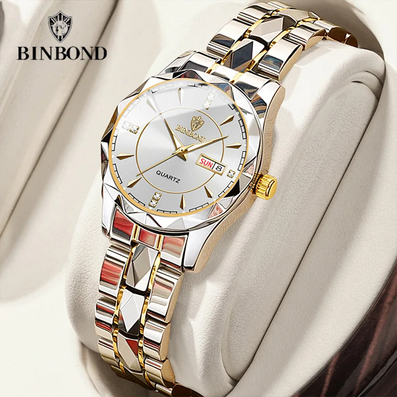 BINBOND B5552 New Luxury Business Quartz Womens Watches 30M Waterproof Luminous Date Stainless Steel Strap Fashion Women Watches