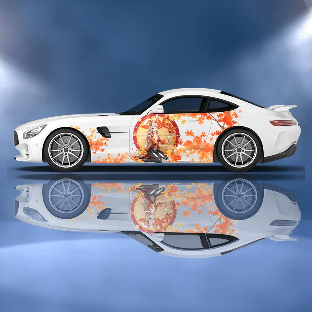 Japanese singer geisha character and cherry blossom branch sun bamboo and kimono woman sticker car sticker full body floral deco