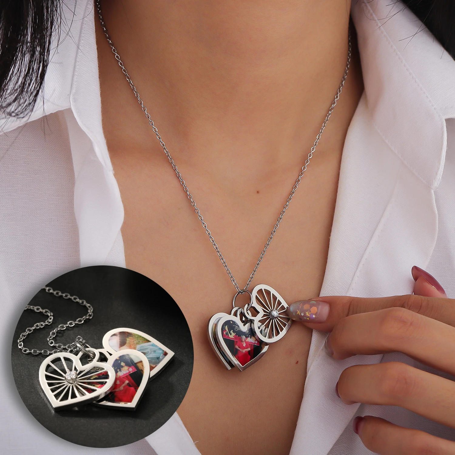 

Customized Amorette Photo Necklace with Zircon Personalized Heart Photo Family Jewelry Couple Pendant Christmas Gift for Women