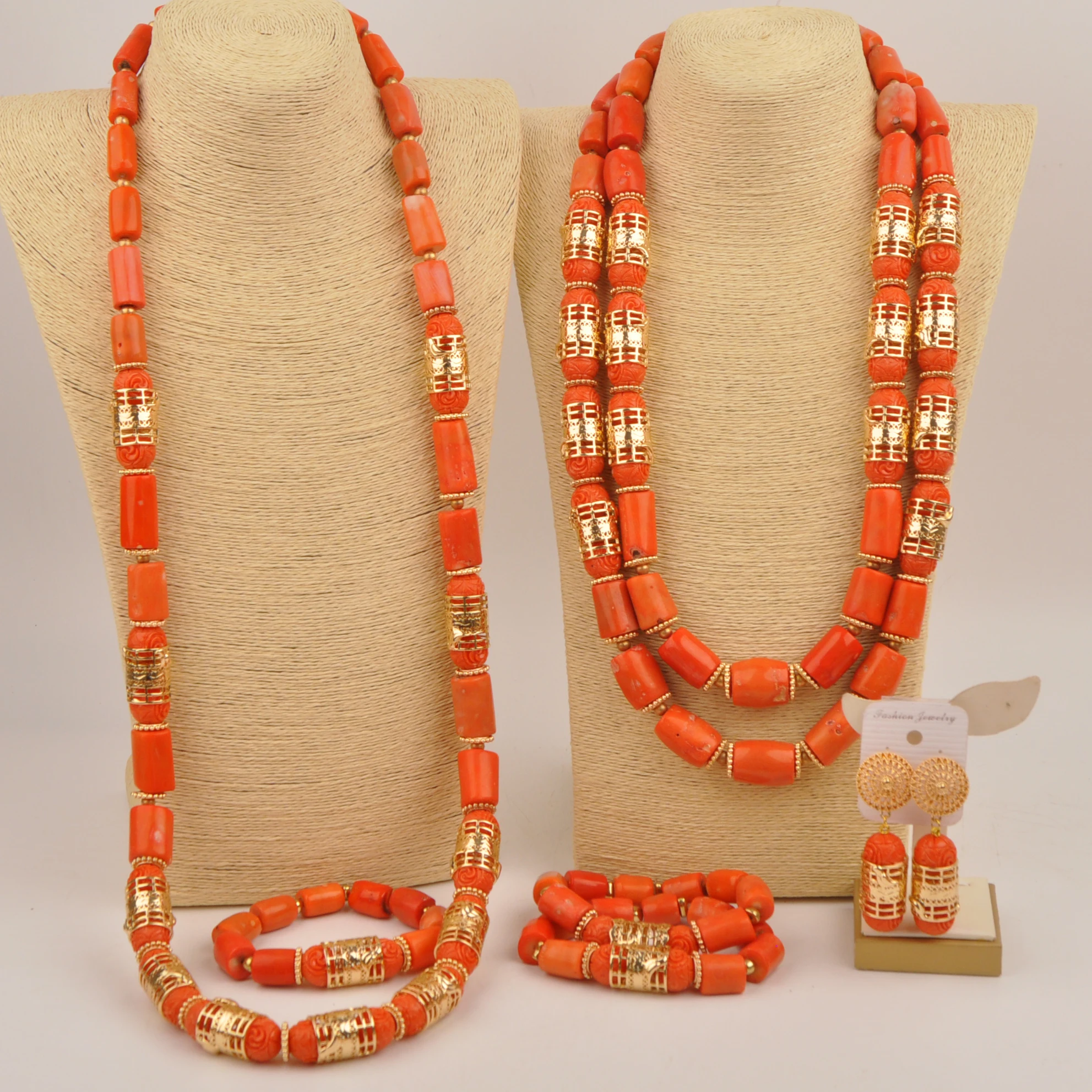 

Nigeria orange coral beads necklace set African wedding couple jewelry collection