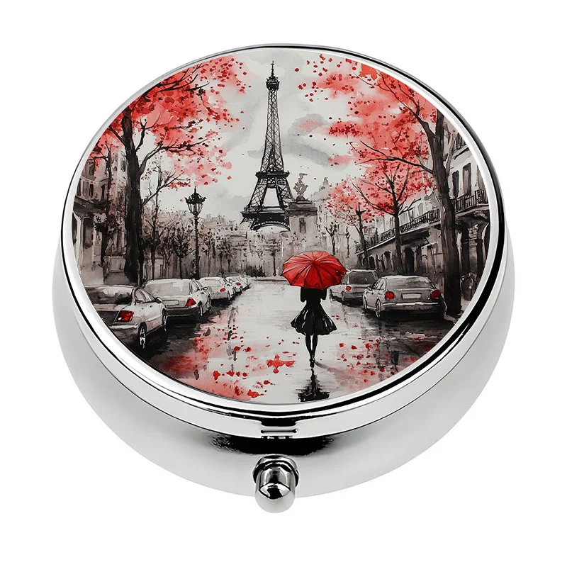 Single-layer pill box, three-compartment design, romantic Paris Eiffel Tower theme, compact pill box storage, perfect travel gift