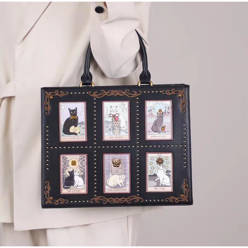 

Винтажная сумка с рисунком кота Таро, готическая сумка с заклепками, элегантная сумка на плечо, женская квадратная сумка большой вместимости с художественным принтом
