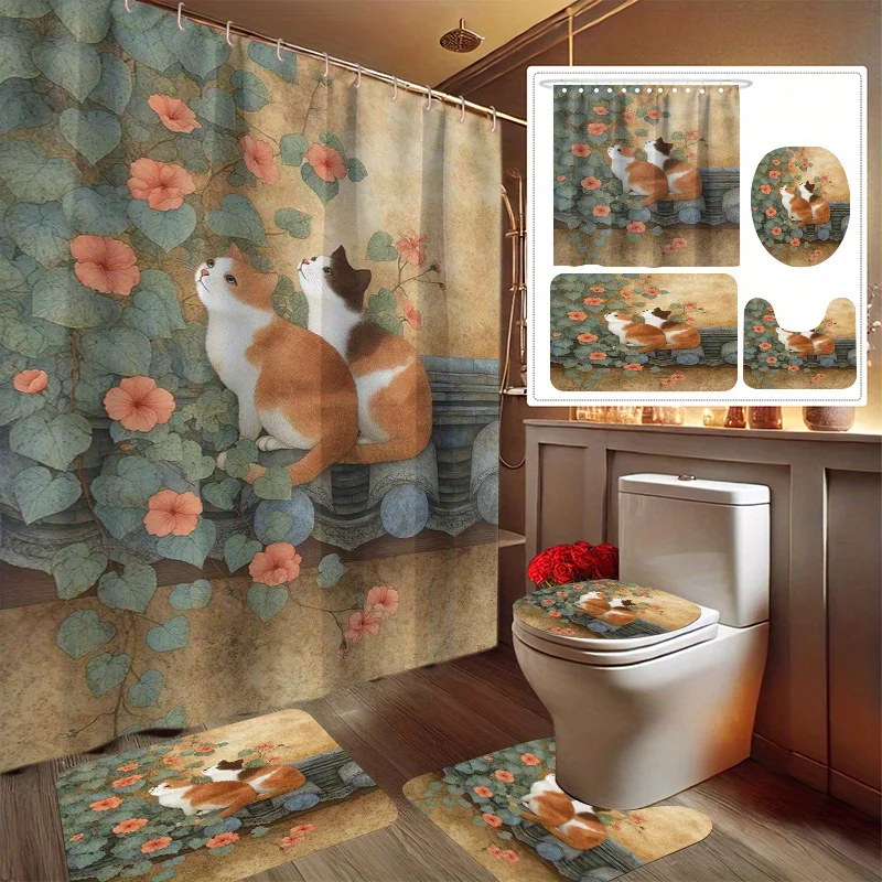 

4pcs Floral Cat Spring 2D Flat Print Shower Curtain Set, Bathroom Decor Kit Includes Shower Curtain, Non-Slip Mat, Toilet Lid