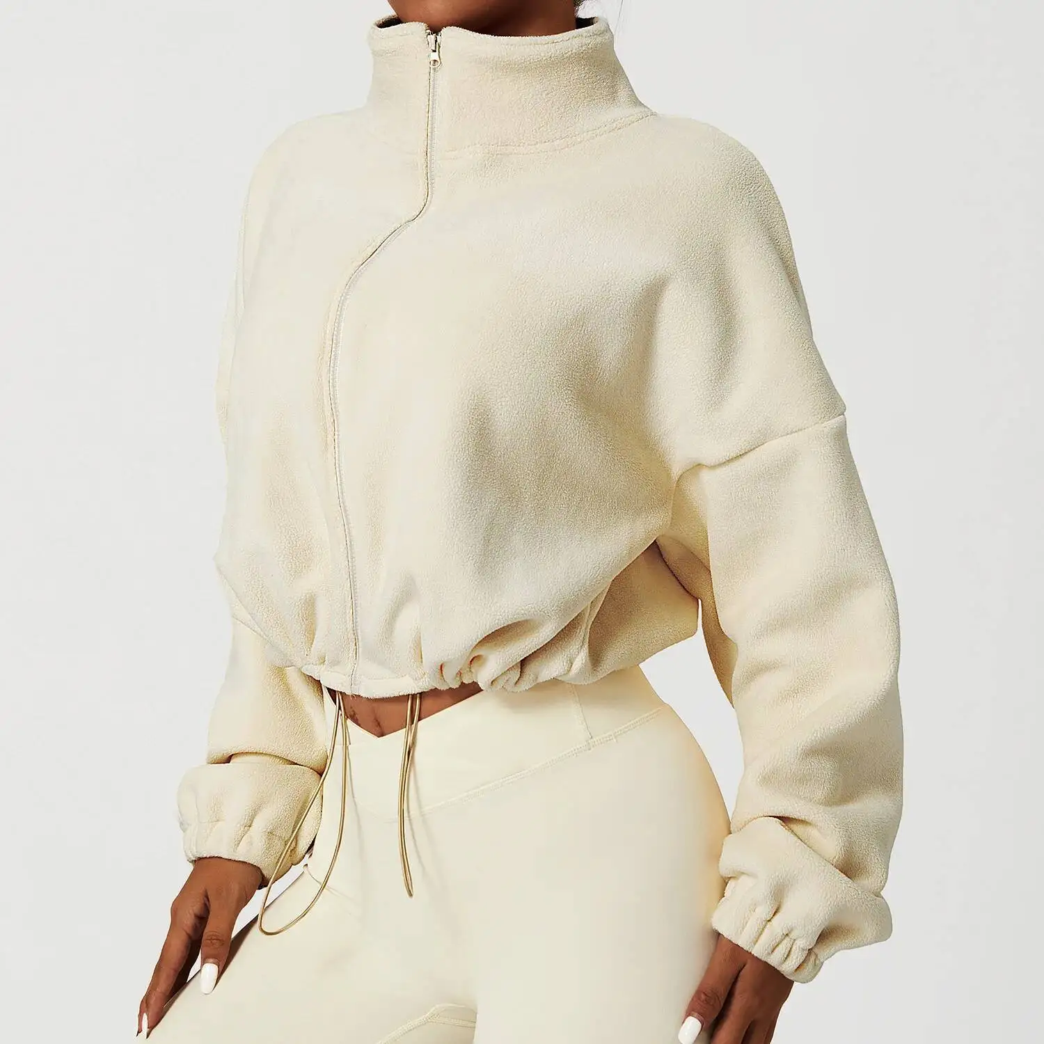 

Women Crop Coat Casual Fleece Jacket Autumn Winter Sports Sweatshirt With Stand Collar Loose Lined Outerwear