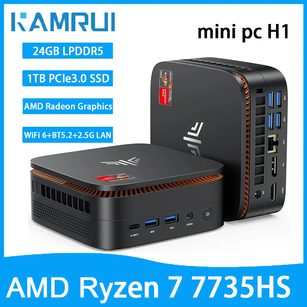 KAMRUI Mini PC AMD Ryzen7 7735hs 24GB LPDDR5 1TB M.2 NVMe PCIe3.0 SSD Max 4.75 GHz WIFI6 BT5.2 Win11pro Desktop Gaming Computer