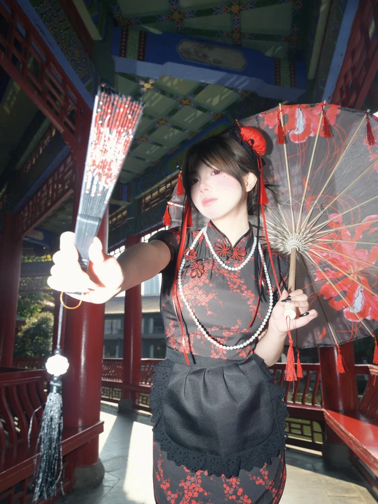 فستان تشيونغسام بالطراز الصيني الجديد، زي تنكري للهالوين وعيد الميلاد، زي خادمة بأكمام قصيرة، رداء قصير للارتداء اليومي