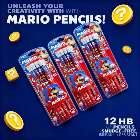 12pcs Super Mario Pencil with Pencil Sharpener Anime Cartoon Figure Pencils for Students Boys Girls Learning Stationery Supplies