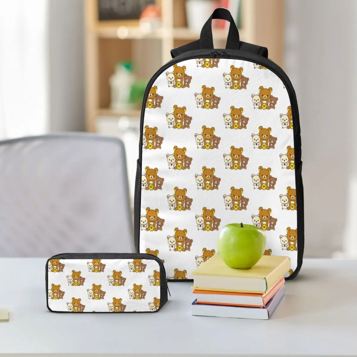 リラックマさくらバックパック学生男の子女の子ブックバッグスクールバッグコンピュータショルダーバッグ 3ps 断熱ランチバッグ鉛筆ケース