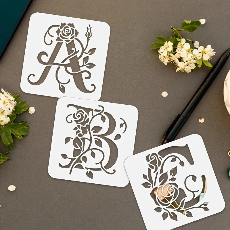 36 Moldes de letras florais reutilizáveis, modelo de pintura de letras com rosas, modelo de grafite vazado, molde para impressão a jato de tinta para decoração de parede
