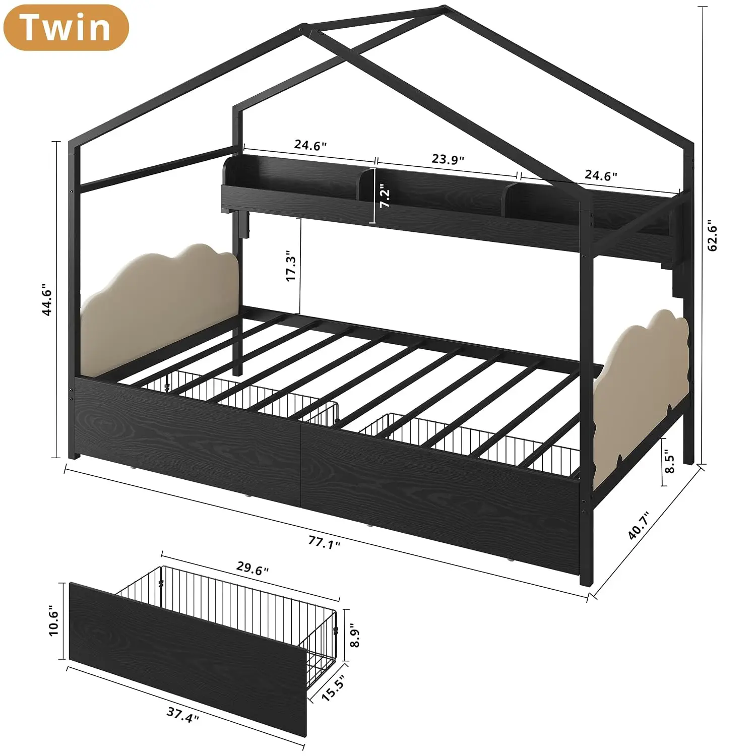 Twin House Bed with Storage Drawers & Bookshelf, Daybed with Upholstered Headboard for Bedroom No Box Spring, Customized
