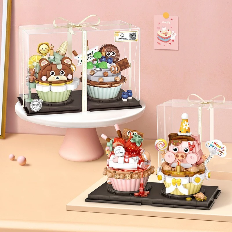 

Строительные блоки для кексов с коробками для демонстрации, детские развивающие игрушки для сборки, милые подарки для мальчиков и девочек
