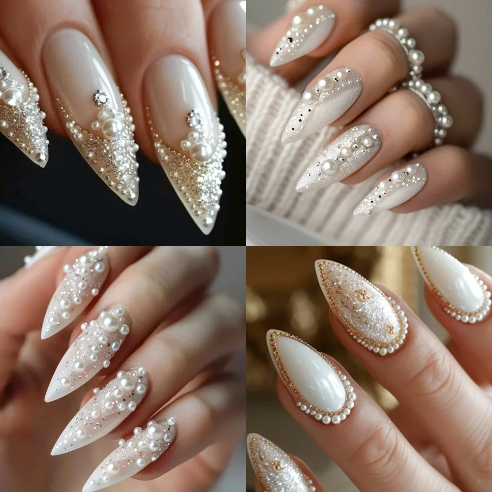 12칸 화이트 원형/반원형 진주 네일아트 라인스톤 0.15-0.5cm 진주 캐비어 비즈 참 DIY 매니큐어 액세서리 장식품