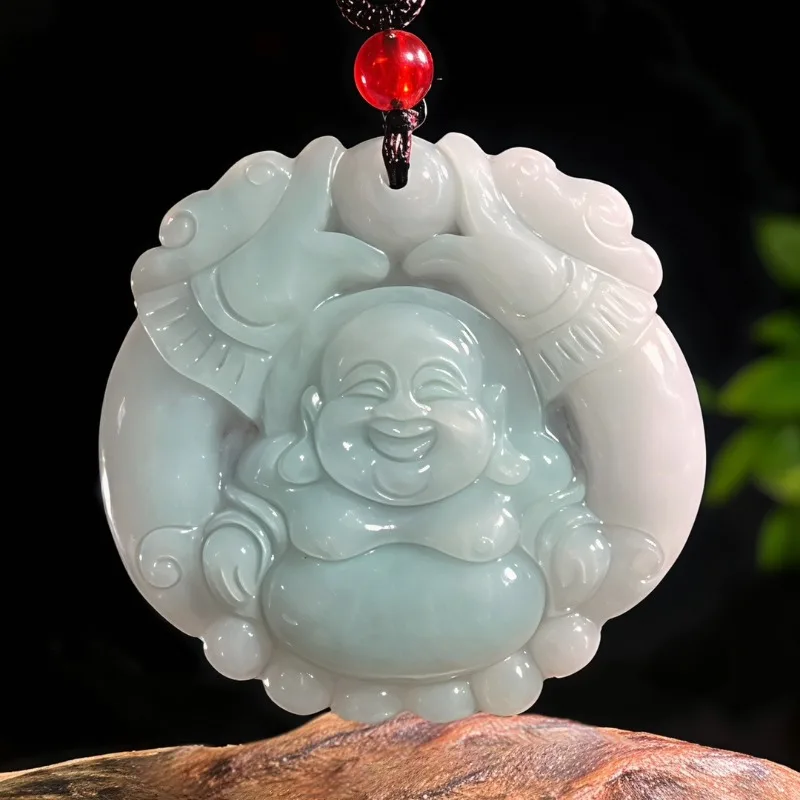 Real Jade Natural Emerald Double Dragon Smiling Buddha Pendant Necklace Carved Charm Jadeite Jewelry Fashion Charm Amulet Gifts