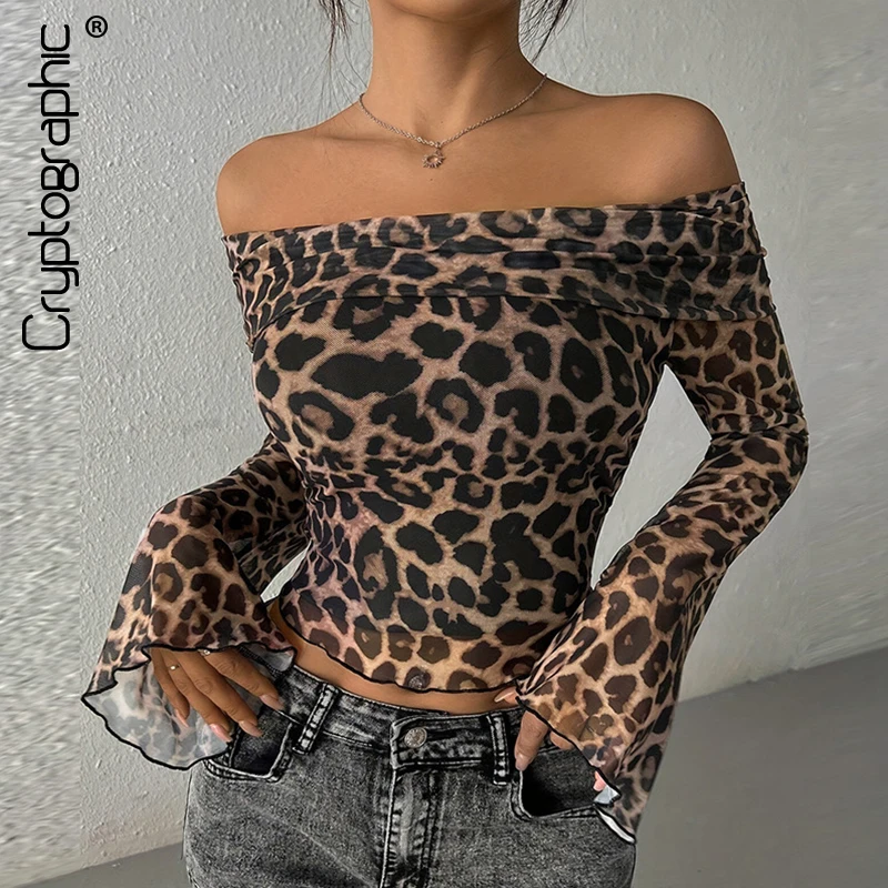 Cryptographic Chic Off Shoulder Leopard Print Tops Elegant Fashion Long Sleeve Mesh Sheer Sexy Slim Cropped Top Coquette Clothes