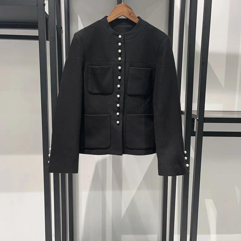 Damski czarny płaszcz ze stójką, dopasowany, z kieszeniami, nowa kurtka damska na jesień i zimę.