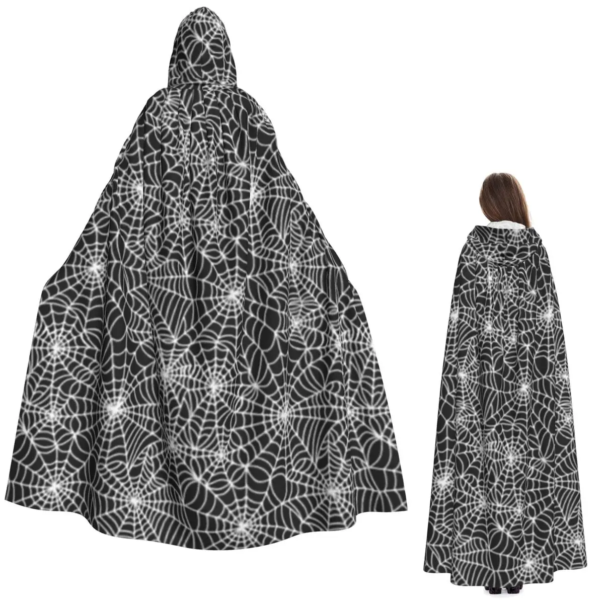

Spider Web Pattern Long Hooded Cloak Witch Medieval Costume Cosplay Cape HalloweenCoat Adult Unisex