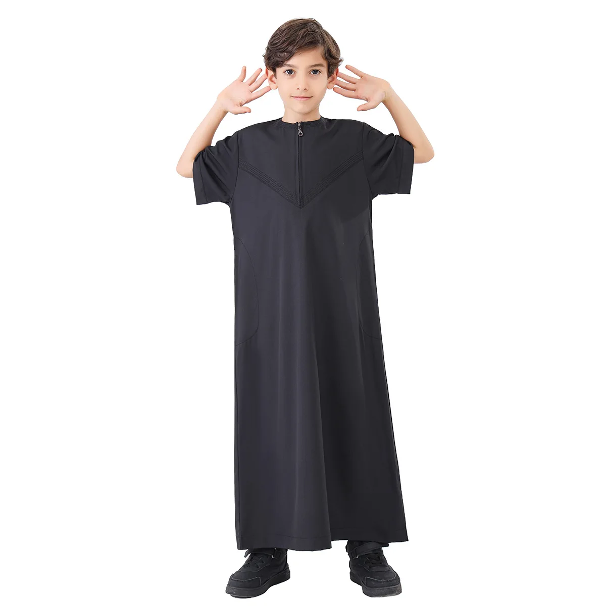 소년 Jubba Thobe 키즈 드레스 Eid 이슬람 긴 가운 지퍼 짧은 소매 2025 라마단 어린이 사우디 착용 Abaya Caftan 두바이 아랍