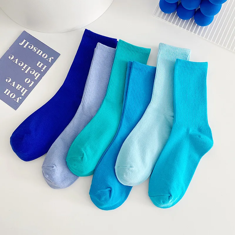 Women Crew Socks Gift For Girls Blue Korean Fashion Retro Casual Street Sports Harajuku Solid Color Calcetines Mujer Streetwear