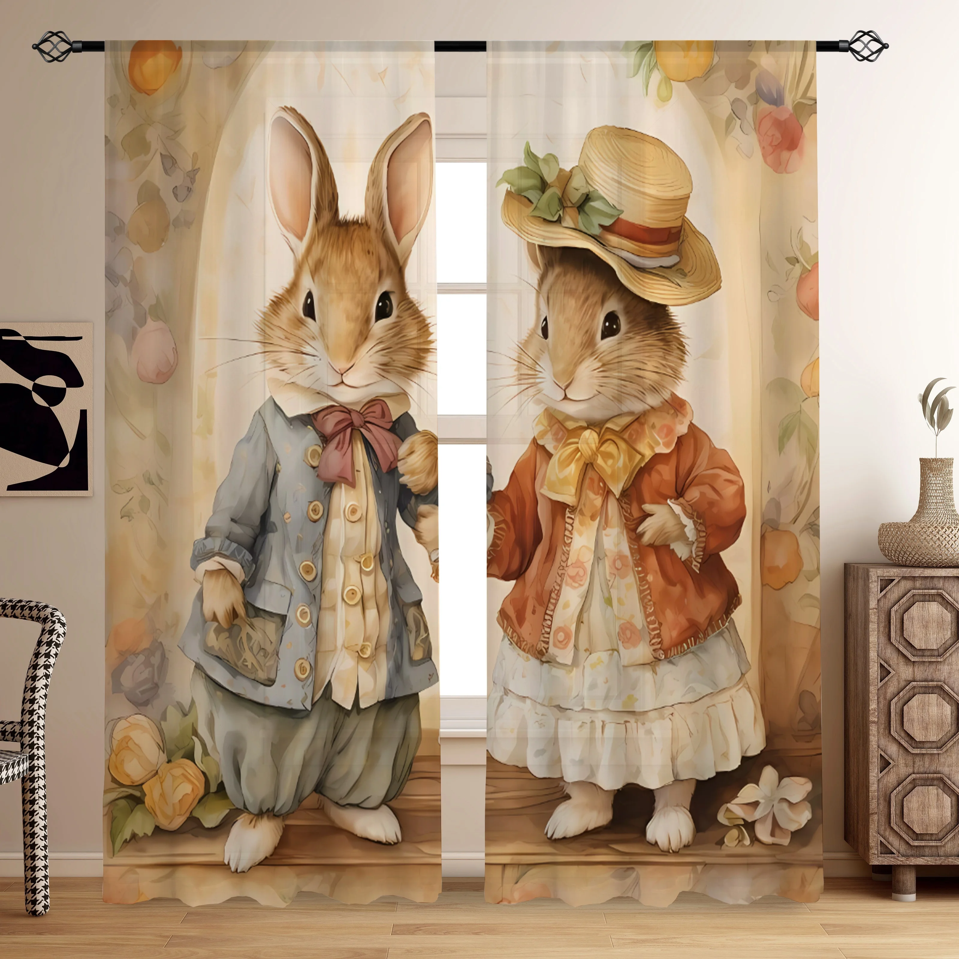 

2pcs/set, Easter Rural Rabbit Couple Printed Semi-transparent Curtains, Living Room Game Room Bedroom Multi-scene Polyester
