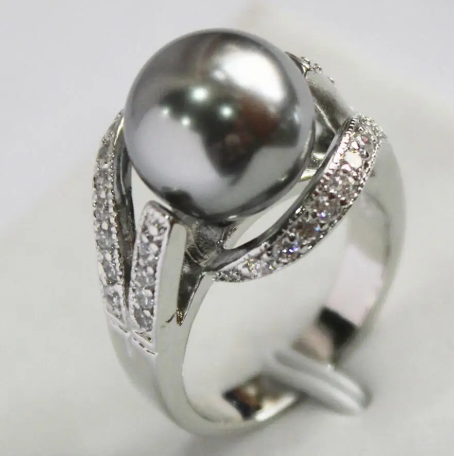 New Style Gray 12MM Bead silver-color Inlay CZ South Sea Shell Pearl Gift Fashion Rings For Women