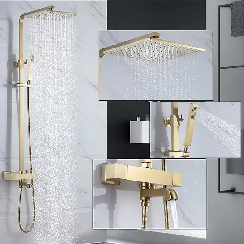 Exposed Rain Bath Shower System Brushed Gold Brass Rainfall Shower Faucet Set