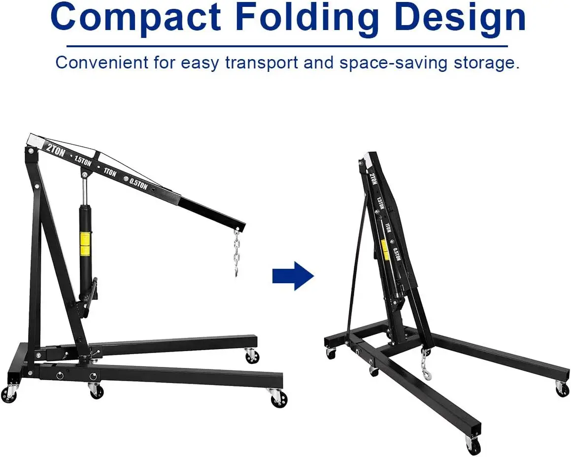 2 Ton Folding Engine Lift with 6 Wheels, Heavy Duty Steel Hydraulic Shop Engine Crane, Cherry Picker Engine Hoist , Workshop, 44