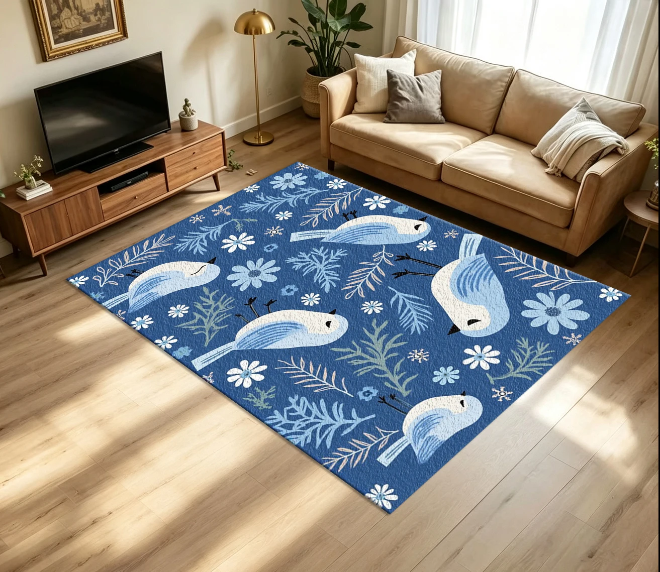 Cute Nordic Bird Floral Carpet Flooring Fresh Blue Tone Botanical Repeating Pattern Printed Floor Rug for Household Living Space Home Decoration