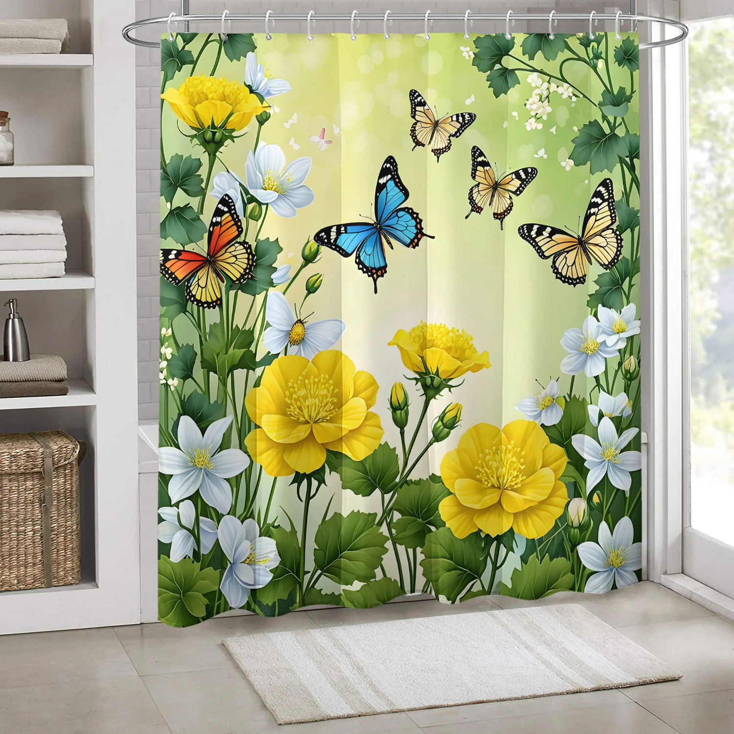 Butterfly Garden Shower Curtain Waterproof Fabric Bathroom Curtains Yellow Flower Bath Screen Divider Home Decor
