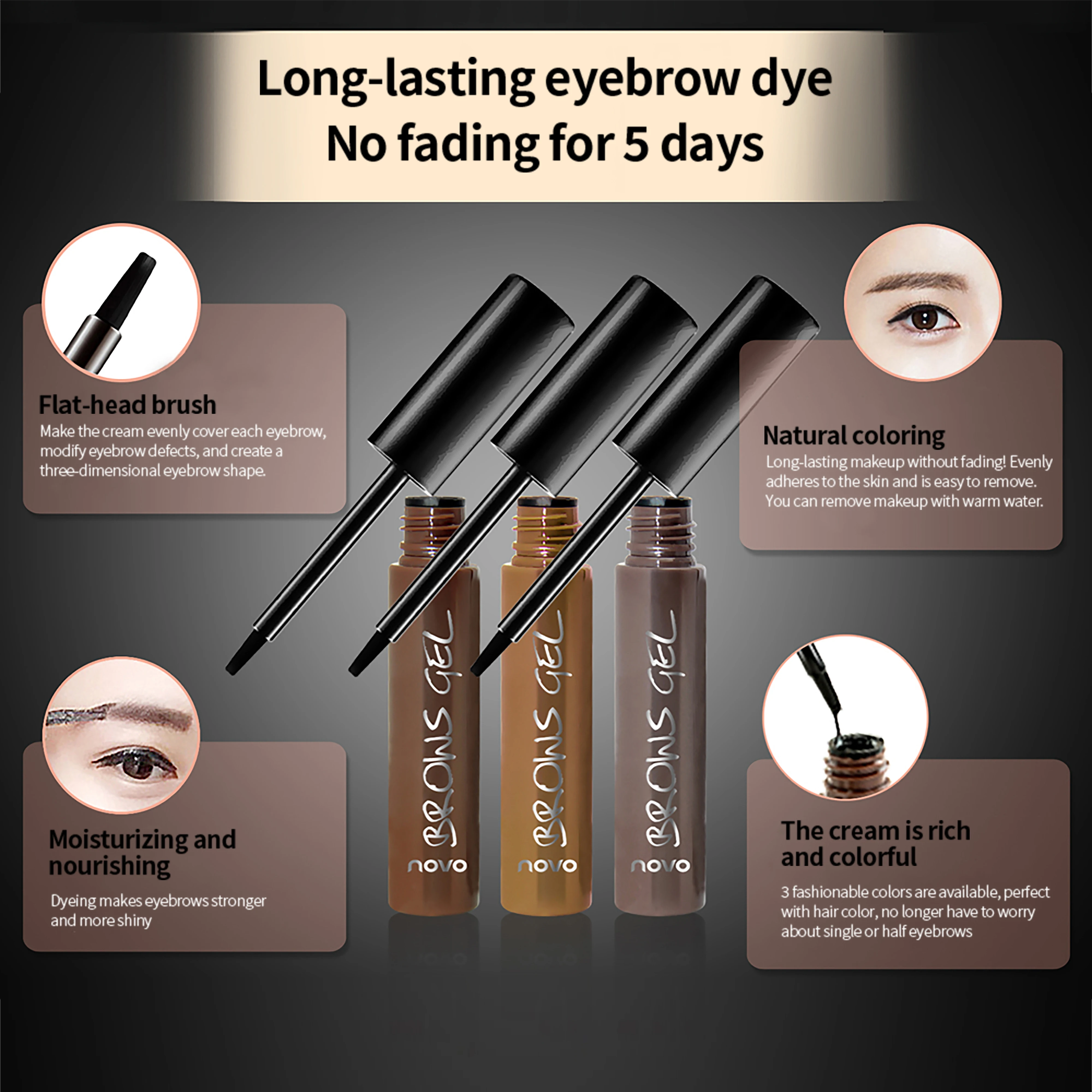 NOVOWasserfeste und schweißbeständige, abziehbare Formel für wischfeste, langlebige Brauen. Mühelose Augenbrauenanwendung.