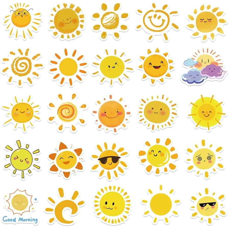 Sunshine Aesthetic Stickers 50PCS Yellow Sun Waterproof Vinyl Stickers for Water Bottles Laptop Scrapbook Teens Adults Party Fa
