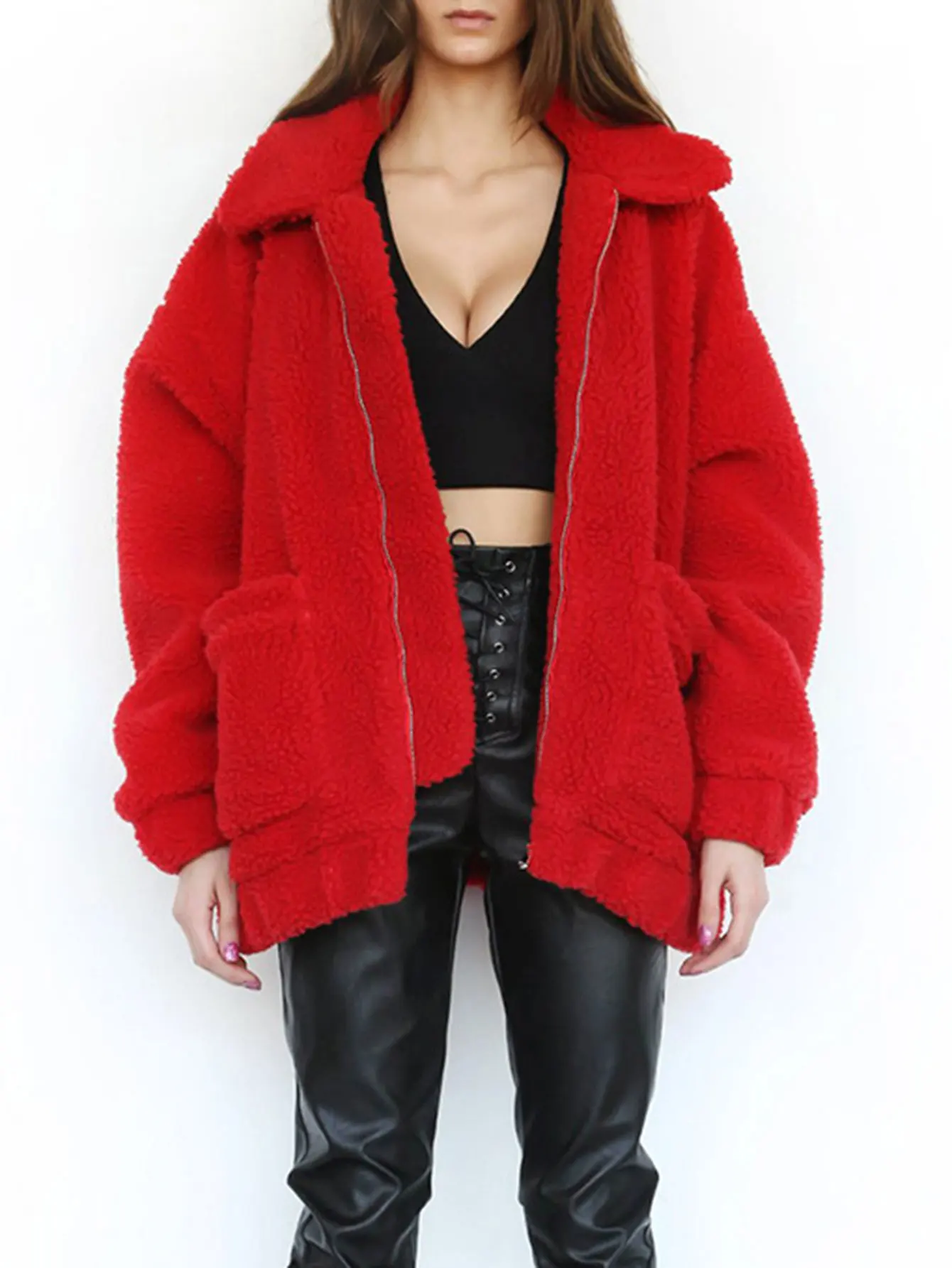 

Женское зимнее модное пальто, удобная однотонная куртка на молнии с карманами, воротник рубашки, длинный рукав для уличного повседневного использования