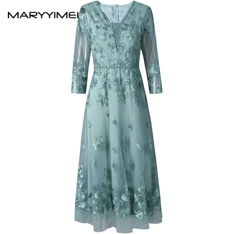 MARYYIMEI Fashion Design Spring Summer Women's V-Neck Three Quarter Sleeved Mesh Embroidery High Street Party Dresses