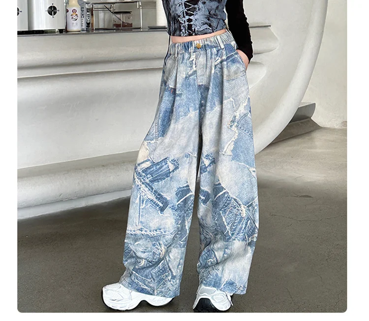 Amerikanischer Stil Mädchen High-Street-Jeans mit Zeitungsaufdruck für Kinder, Gerade, Lose, Weites Bein, Denim-Hosen, Kinder-Y2K-Jeans – Detail 3
