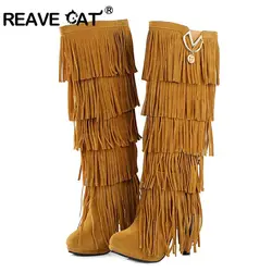 REAVE CAT size 32-43 Flock Fur Women boots High heels Knee boots Fringe Tassels Fashion Black Red ZL4150