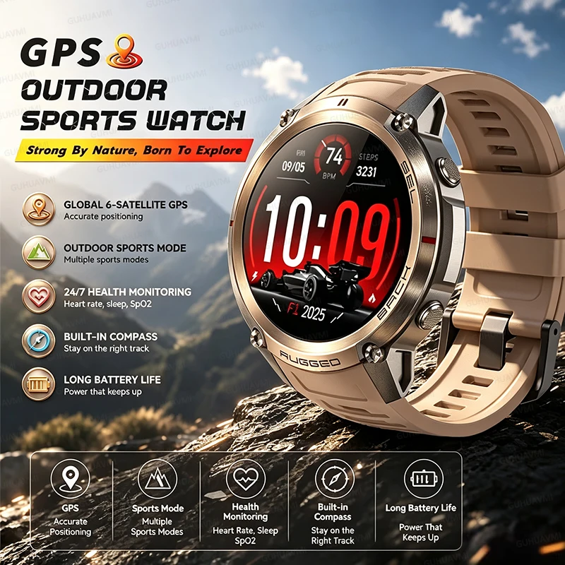 T-Rex 4 New Sporty Smart Watch Built-in GPS Outdoor Compass Altimeter 5ATM Waterproof AMOLED HD Bluetooth Call Men Sports Watch