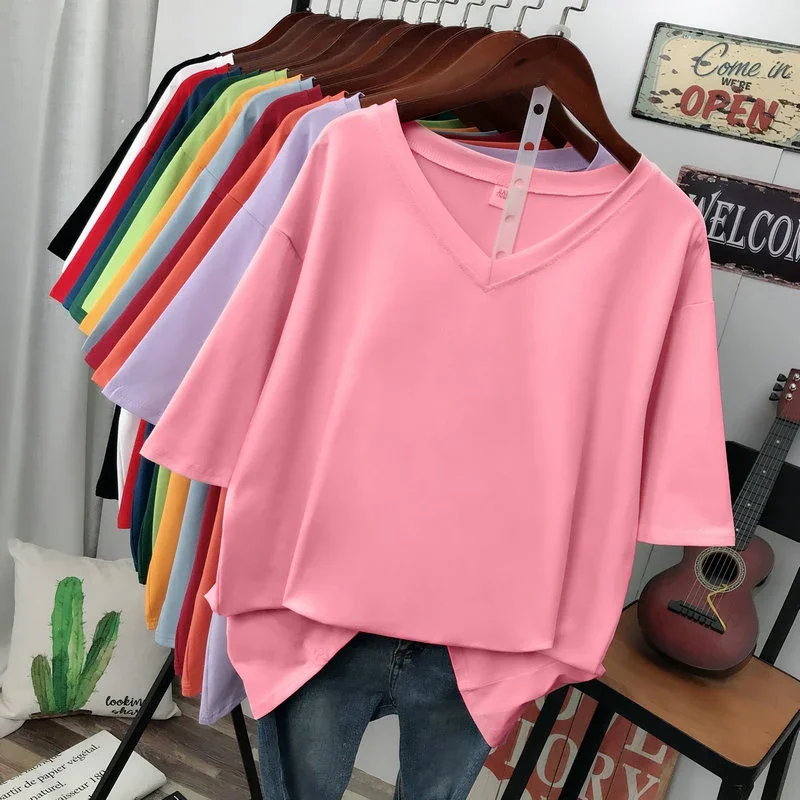 EBAIHUI Plus Size T Shirt Solid V Neck Tshirt 100% Cotton L-6XL Short Sleeve Women's Top Basic Summer Couple Oversized T Shirts