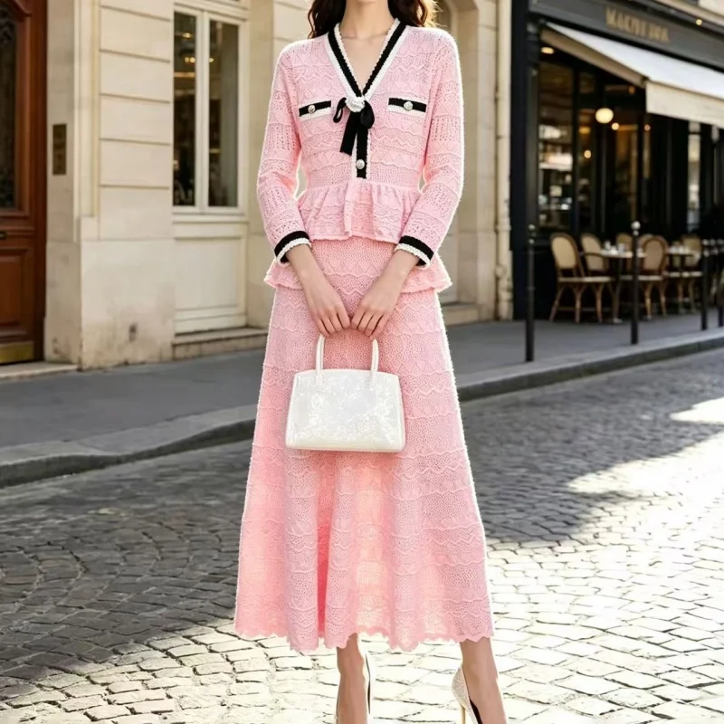 Autumn New V-Neck Knot Color Block Knitted Hooked Hollow out Fake Two-Piece Long Sleeve Dress High Quality Women's Long Dress