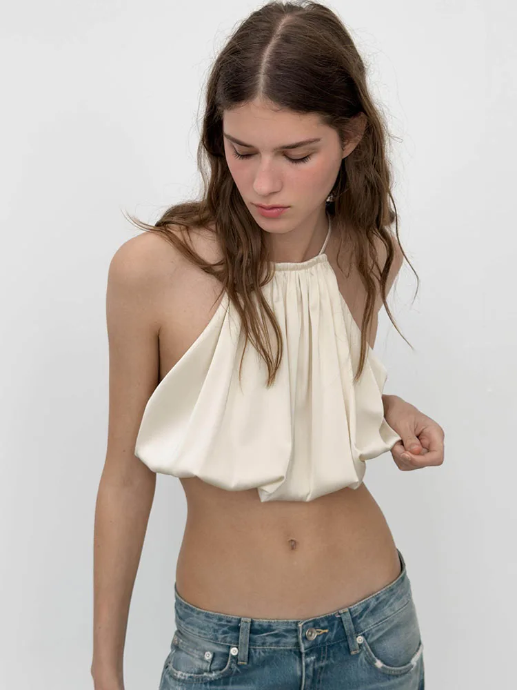 Summer New Women's Fashion Balloon Sleeve Satin Neckline Short Top Versatile Elegant Chinese Style Clothing Ladies' Premium